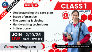 Thumbnail image of Class 1 topics including understanding the care plan, Opening and Closing Processes, Handwashing Techniques and Indirect care.Class 1 image Shows a group of students in blue scrubs.