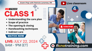 Thumbnail image of Class 1 topics including understanding the care plan, Opening and Closing Processes, Handwashing Techniques and Indirect care. Shows a group of students in blue scrubs.