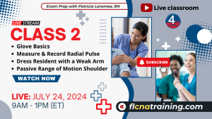 Thumbnail image of Class 2 topics including Glove Basics, Pulse, Dressing and ROM Shoulder. Shows a group of students in blue scrubs.