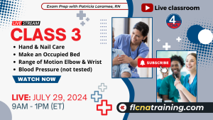 Thumbnail image of Class 3 topics including Hand and Nail Care, Making an occupied bed, ROM Elbow and wrist, and Blood Pressure. Shows a group of students in blue scrubs.