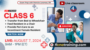 Thumbnail image of Class 6 topics including Transfer from bed to wheelchair, feeding resident and Peri-care. Shows a group of students in blue scrubs.
