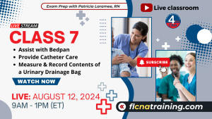 Thumbnail image of Class 7 topics including Bedpan, Catheter Care and Drainage Bag. Shows a group of students in blue scrubs.