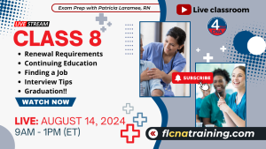 Thumbnail image of Class 8 topics including Renewal Requirements, Continuing Education, Finding a Job, Interview Tips and Graduation. Shows a group of students in blue scrubs.