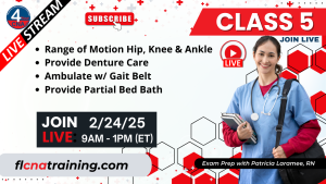 Thumbnail image of Class 5 topics including ROM Hip, Knee and Ankle, Denture Care, Ambulate with a Gait Belt and Partial Bed Bath. Class 5 image shows a group of students in blue scrubs.