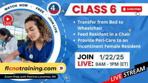 Thumbnail image of Class 6 topics including Transfer from bed to wheelchair, feeding resident and Peri-care. Livestream on 1/22/25, flcnatraining.com. Class 6 image shows a group of students in blue scrubs.