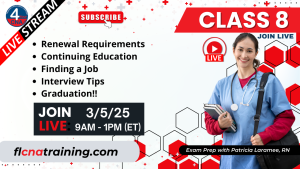 Thumbnail image of Class 8 topics including Renewal Requirements, Continuing Education, Finding a Job, Interview Tips and Graduation. Class 8 image shows a group of students in blue scrubs.