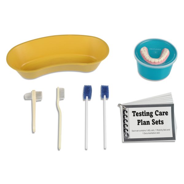 Emesis basin, toothbrush, denture brush, toothettes, denture cup and denture simulator with care plan cards