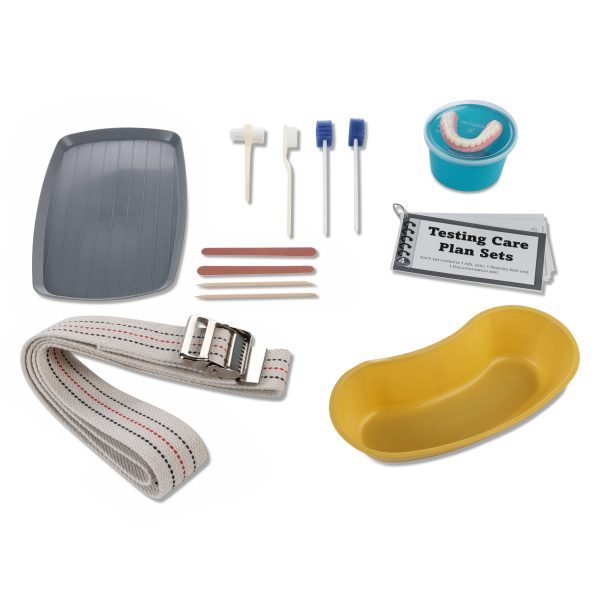 Food tray, gait belt, emesis basin, toothbrush, toothettes, denture brush, denture cup, denture simulator, emery boards, orange sticks, care plan cards