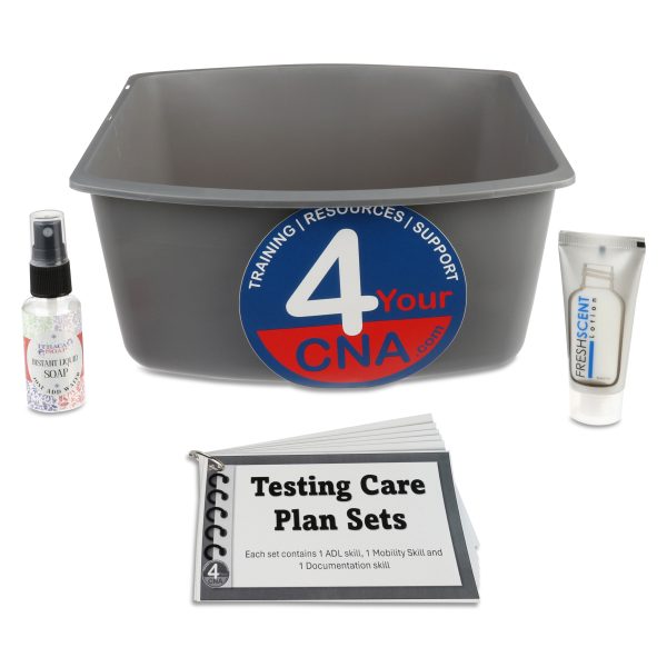 Wash basin, spray soap, lotion, care plan cards