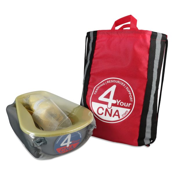 red drawstring bag with 4yourcna logo and practice kit in shrinkwrap