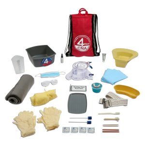 red drawstring bag with all practice kit items arranged around it