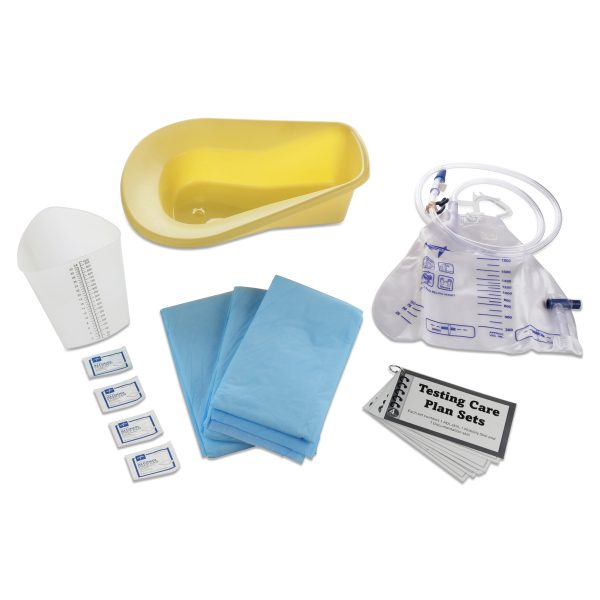 Bedpan, triangular graduate container, alcohol pads, chux, drainage bag, care plan cards